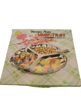 VINTAGE Leaf Serving Tray Midcentury Chrome Plate Three Compartments in Box